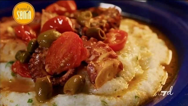 Polpo alla mediterranea con polentina alle erbe