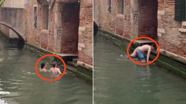 Fanno il bagno seminudi nei canali di Venezia: le immagini del gesto vietato