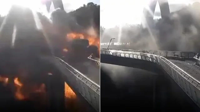 Missili a Kiev: colpito un ponte, ma rimane in piedi. Le immagini dell'esplosione