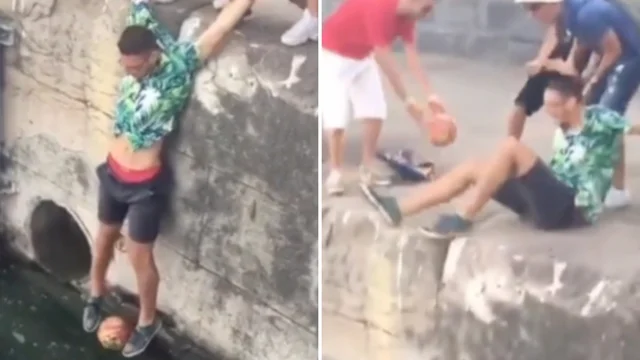 Lo calano in acqua per recuperare il pallone ma il finale è esilarante