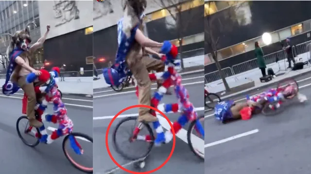 Il fan di Trump vola dalla bicicletta, il video è virale