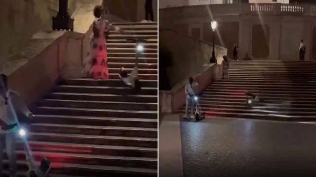 Turista americana lancia monopattino sulla scalinata di piazza di Spagna e viene denunciata: il video immortala la scena