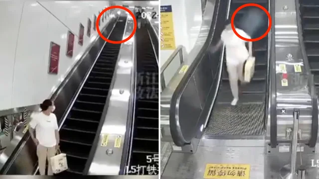 La valigia cade sulle scale mobili a velocità incredibile e travolge la donna