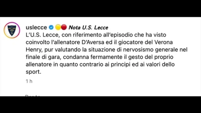 Lecce, testata dell'allenatore D'Aversa a un giocatore del Verona: ecco la decisione della società