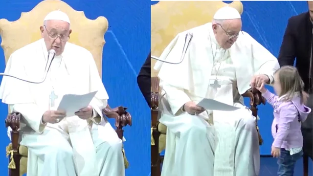 Bambina sale sul palco mentre Papa Francesco legge un discorso sui giovani: la reazione del Pontefice