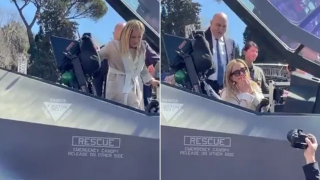 Giorgia Meloni sale a bordo di un F-35 e manda baci