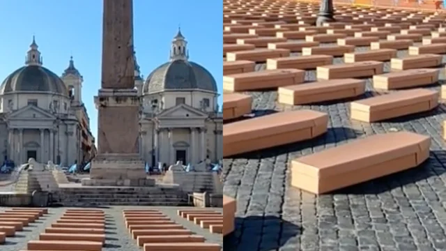 Roma, Uil ricorda le morti sul lavoro con 1040 bare funebri a Piazza del Popolo