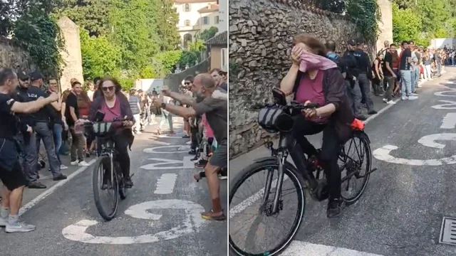 Giro d'Italia, i fan aspettano i ciclisti ma spunta una signora in bici
