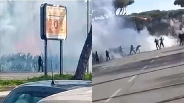 Derby Roma-Lazio, le immagini degli scontri tra gli ultras prima della partita