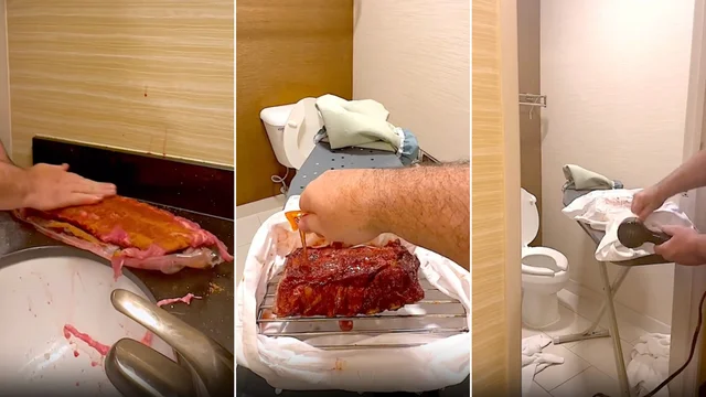 Cucina le costolette nel bagno dell'Hotel: usa la federa del cuscino come forno. Il video è virale