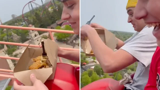 Mangiano pollo fritto e patatine sulle montagne russe: il finale annunciato