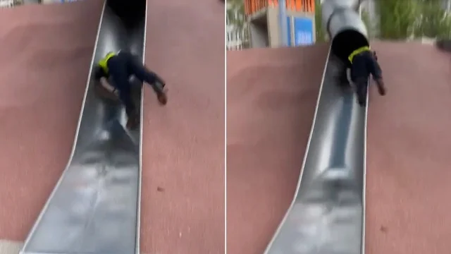 Poliziotto rimane ferito mentre cade da uno scivolo per bambini: il video dell'incidente diventa virale