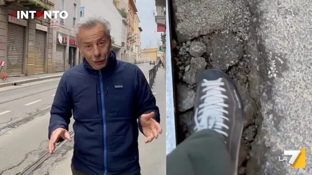 Giovanni Storti denuncia il dissesto dell’asfalto di via Bramante a Milano