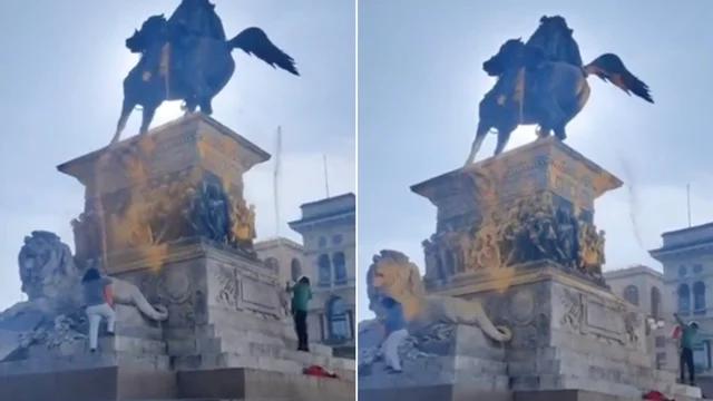 Ultima Generazione: attivisti imbrattano il cavallo di piazza Duomo a Milano