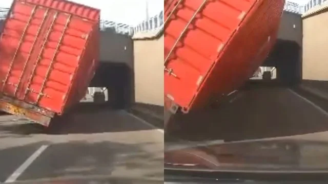 Il camion si ribalta e la macchina passa sotto: l'incredibile video