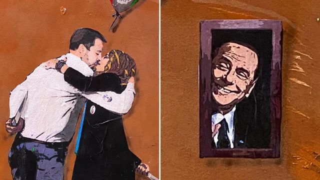 Roma, rimosso il murale del bacio (con i coltelli) tra Salvini e Meloni: la denuncia dell'autore